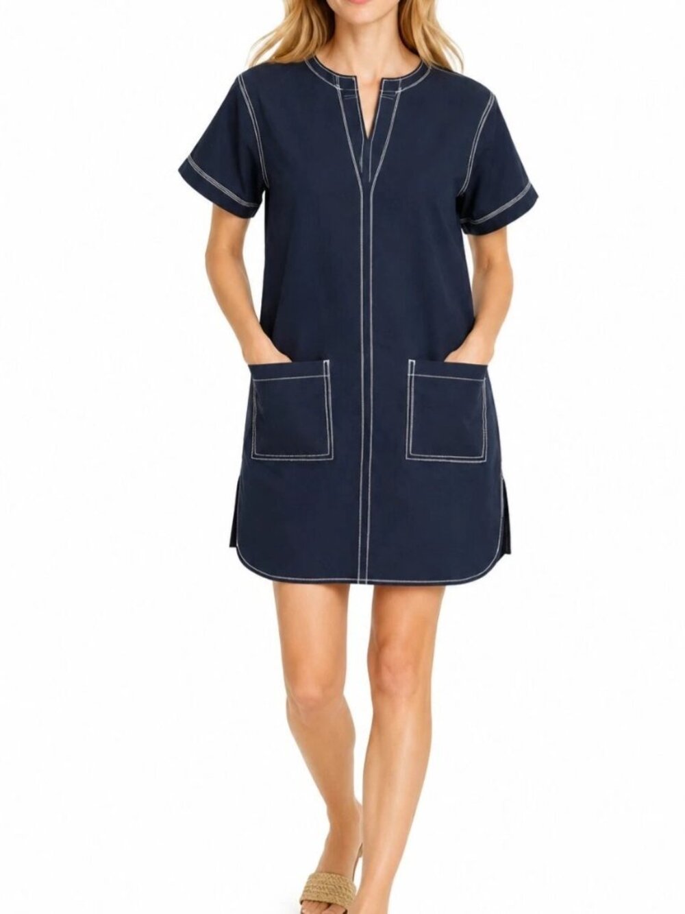 J. Crew Patch-Pocket Pullover Dress in Structured Cotton Poplin Navy